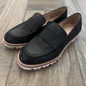 Women's Black Leather Lug-Sole Penny Loafers